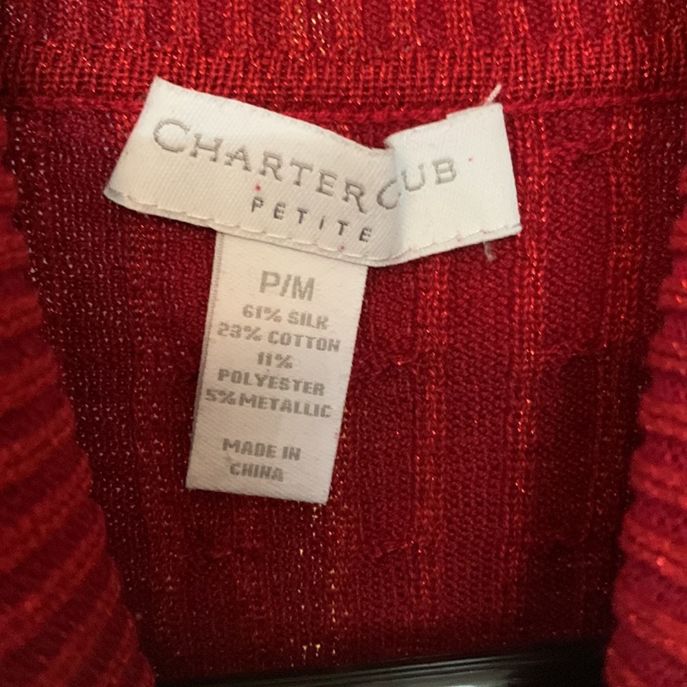 2026 gifted- Charter Club red metallic thread turtleneck sweater szMP, silk - Picture 3 of 4
